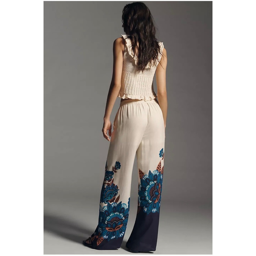 Farm Rio Anthropologie Floral Wide Leg Pants Cream Navy Blue Beaded Tassel Small - Picture 3 of 14
